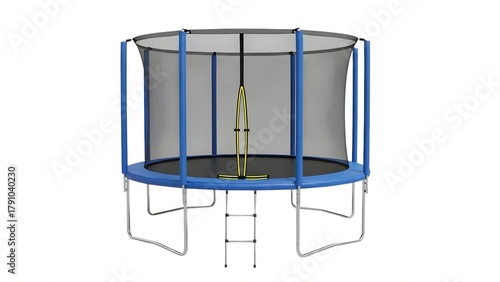 Round blue trampoline with safety net and ladder for kids backyard outdoor exercise and family fun 10ft on transparent background
