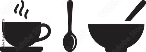 Black silhouette of a steaming coffee cup a spoon and a bowl with a spoon hot beverage saucer