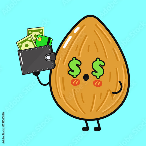 Almond character holding wallet with money and credit card