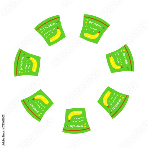 Round wreath with cute flat banana protein powder in packs isolated on white background.