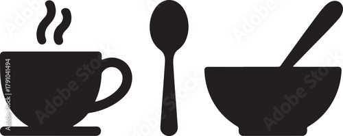 Black silhouette of a steaming coffee cup a spoon and a bowl with a spoon hot drink