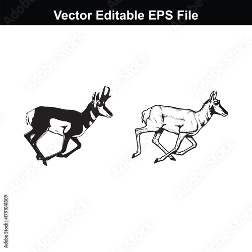 Two pronghorn antelopes running, one in silhouette and one as a sketch