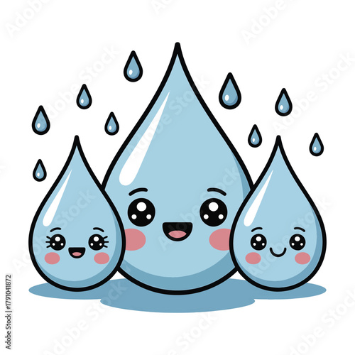 Three cute cartoon water drops with happy faces and blushing cheeks kawaii