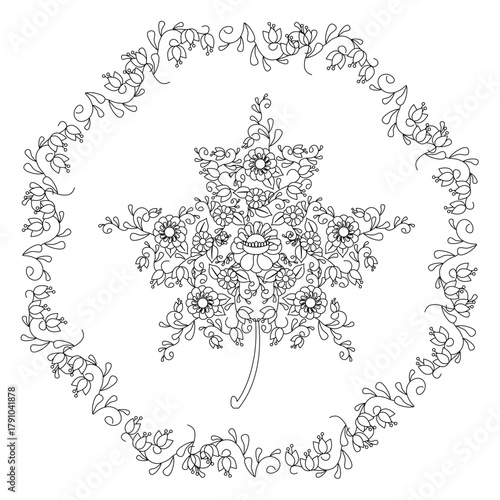 Maple leaf doodle coloring page illustration for, web, for print, for adult