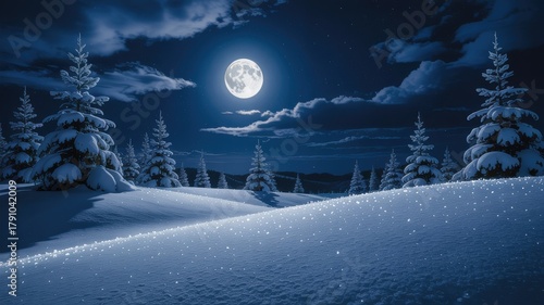 Full moon over snow covered pine trees at night winter