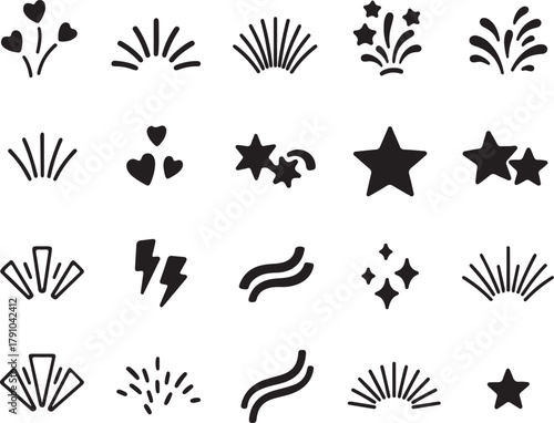 Collection of black hand drawn celebration and star icons Keywords: star, lightning bolt