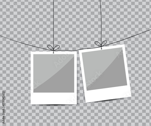 Two blank photo frames hanging on a string with transparent background for memories and photography concept
