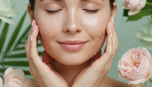 Woman enjoying gentle facial care surrounded by flowers, reflecting beauty, relaxation, and natural skincare trends focusing on self care, wellness, and holistic balance