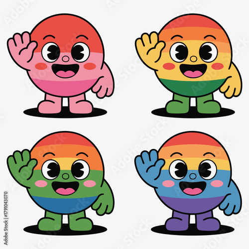 Four cartoon characters with rainbow colored bodies waving hello pride