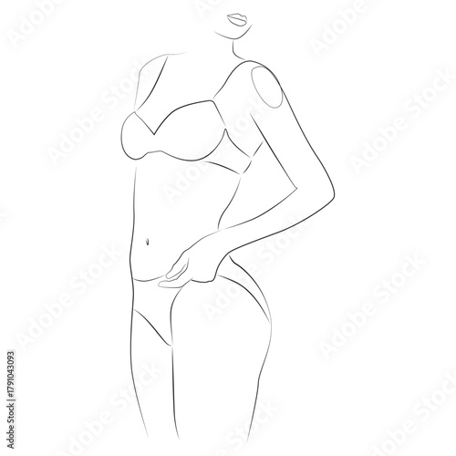 Woman poses in a bra and panties line drawing on white isolated background. A model demonstrates a set of underwear