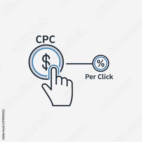 Cost per click concept with coin and hand cpc is an internet advertising model used to direct traffic to websites, in which an advertiser pays a publisher