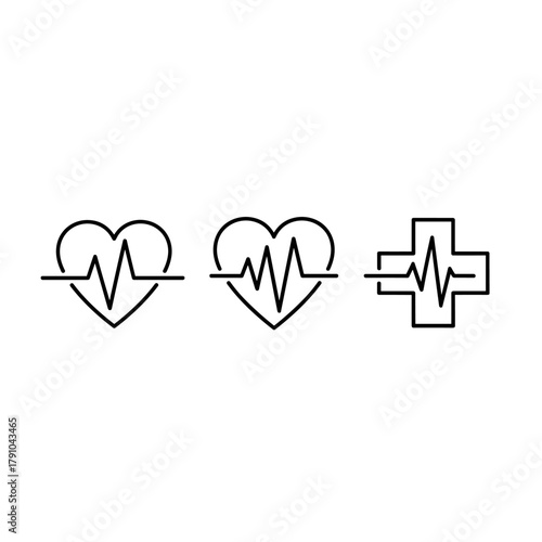 Minimalist line art illustration featuring heart symbols with electrocardiogram lines and a medical cross