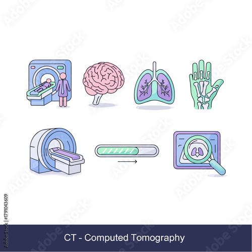 Ct scan icon set with computed tomography machine, brain, lungs, hand, and progress bar for medical imaging and diagnostics