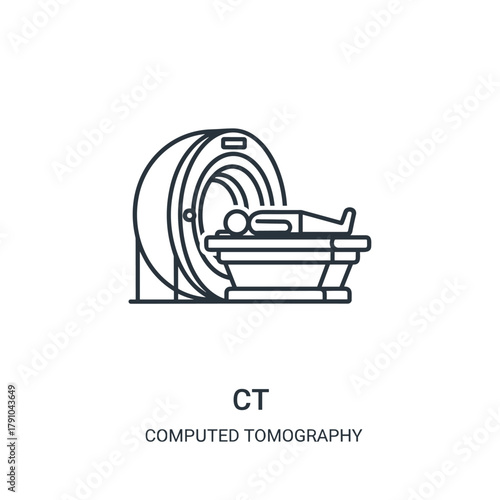 A medical ct scan machine depicted in a minimalist line art style, , featuring a patient lying inside the scanner