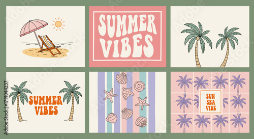 A set of retroinspired summer illustrations featuring beach scenes, palm trees, and groovy typography, perfect for adding a vintage touch to your summer designs