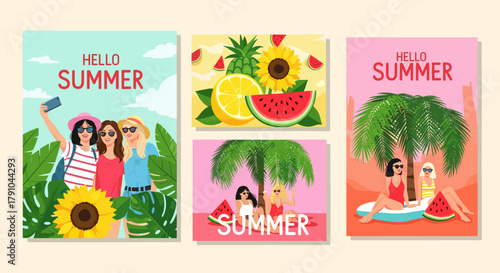 A vibrant collection of summerthemed illustrations featuring friends enjoying tropical fruits, sunny beaches, and palm trees, perfect for adding a touch of summer fun to any project