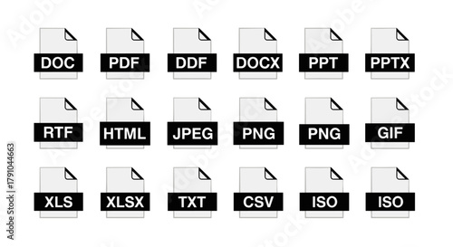 Collection of file format icons, including doc, pdf, ddf, docx, ppt, pptx, rtf, html, jpeg, png, gif, xls, xlsx, txt, csv, and iso