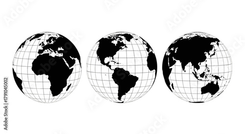 A series of world globe illustrations, each showcasing a different perspective and continental focus, providing a global view