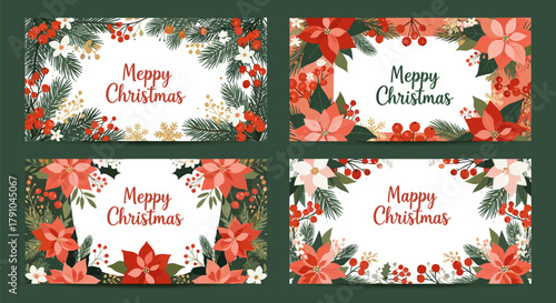 Set of four merry christmas banner with poinsettia flower, pine branch, berry and snowflake for your project