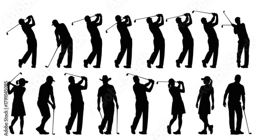A collection of golf swing silhouettes, capturing the dynamic motion and various stages of the swing, showcasing male and female golfers