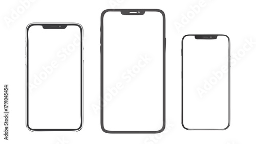 Three smartphones of varying sizes are displayed with blank white screens and gray frames clearly visible