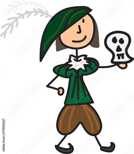 A stick-figure style cartoon of a character dressed like Shakespeare, holding a skull in one hand and wearing a green tunic and brown trousers.