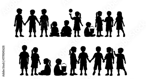 Silhouette of children playing group of children playing together vector illustration of children silhouettes playing and having fun