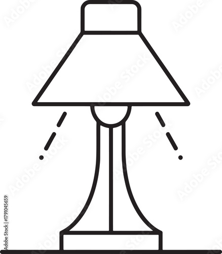 Black line art illustration of a table lamp with a conical shade and curved base lighting light