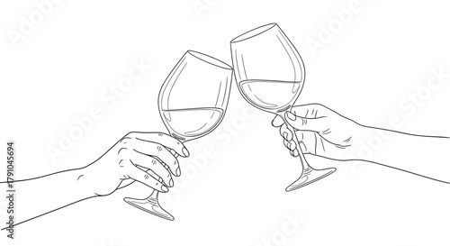 Illustration of two hands toasting with wine glasses, creating a celebratory and festive atmosphere, perfect for designs related to celebrations
