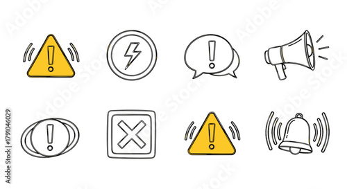 Collection of warning signs and symbols, including exclamation marks, lightning bolts, speech bubbles, megaphones, and bells