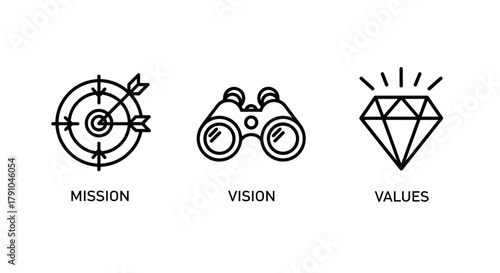 Mission, vision, and values icons, featuring a target, binoculars, and diamond