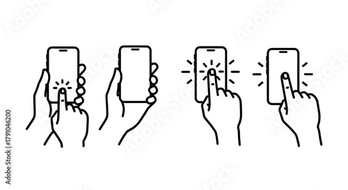 Touch screen gesture line art illustration hand holding smartphone and finger tapping, swiping, and pressing on the screen in a simple design