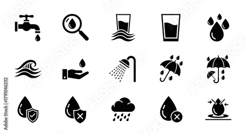 Water icon set collection of water drop, glass, wave, shower, umbrella, and other related symbols in black glyph style for graphic design resources