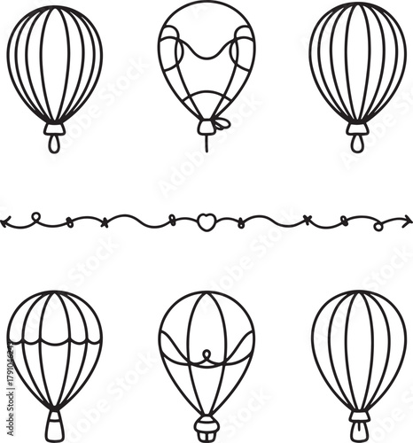Six black outline hot air balloons and decorative border on white background airship flight