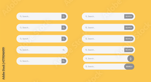 A collection of ten search bar designs with a clean and modern aesthetic, featuring a search icon and a subtle button for initiating the search