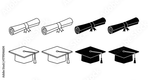 Graduation cap and diploma vector icon set academic hat and degree scroll outline and glyph symbol collection education concept design elements