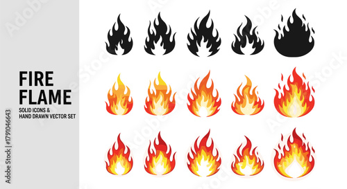 Fire flame vector illustration set hand drawn bonfire, campfire, blaze, inferno, conflagration, and combustion design elements collection