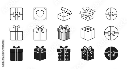 Collection of gift box icons with ribbons and bows, a versatile set for representing presents, celebrations, and special occasions in design projects