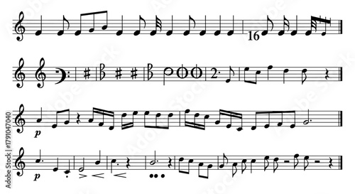 Musical notation sheet with notes, rests, and symbols, a visual representation of music, conveying rhythm, melody, and harmony for musicians and enthusiasts