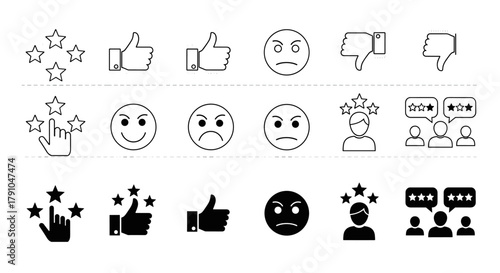 Diverse feedback and rating icons, showcasing customer reviews, satisfaction levels, and opinion expressions in various graphic styles