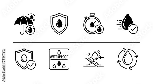This vector graphic features a collection of waterproof icons, including an umbrella, shield, stopwatch, and water drop