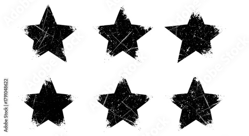 A set of six distressed black star shapes, each with a unique grunge texture, creating a vintage and edgy aesthetic