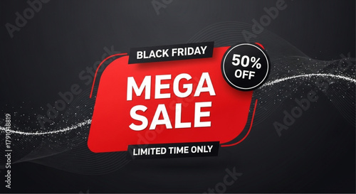 A dynamic promotional banner declares the annual Black Friday Mega Sale, with a striking red and black design. This vibrant advertisement conveys a sense of excitement and urgency. vector illustration