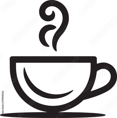 Black line art icon of a steaming coffee cup on a saucer hot drink 1