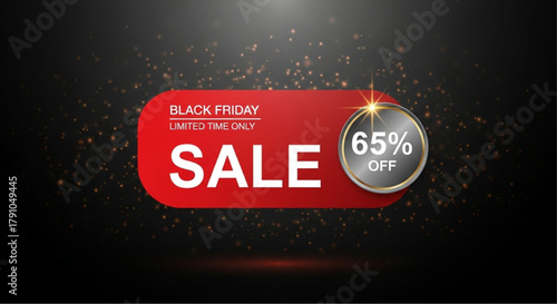 A striking promotion design for Black Friday sale, featuring vibrant red and elegant black background, offering a discount of 65%. vector illustration