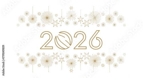 Welcome the year 2026 with a touch of elegance, showcasing delicate golden lines and radiant starbursts, , ideal for sophisticated designs and invitations