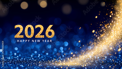 Gold glitter text saying '2026 Happy New Year' on dark blue background  
