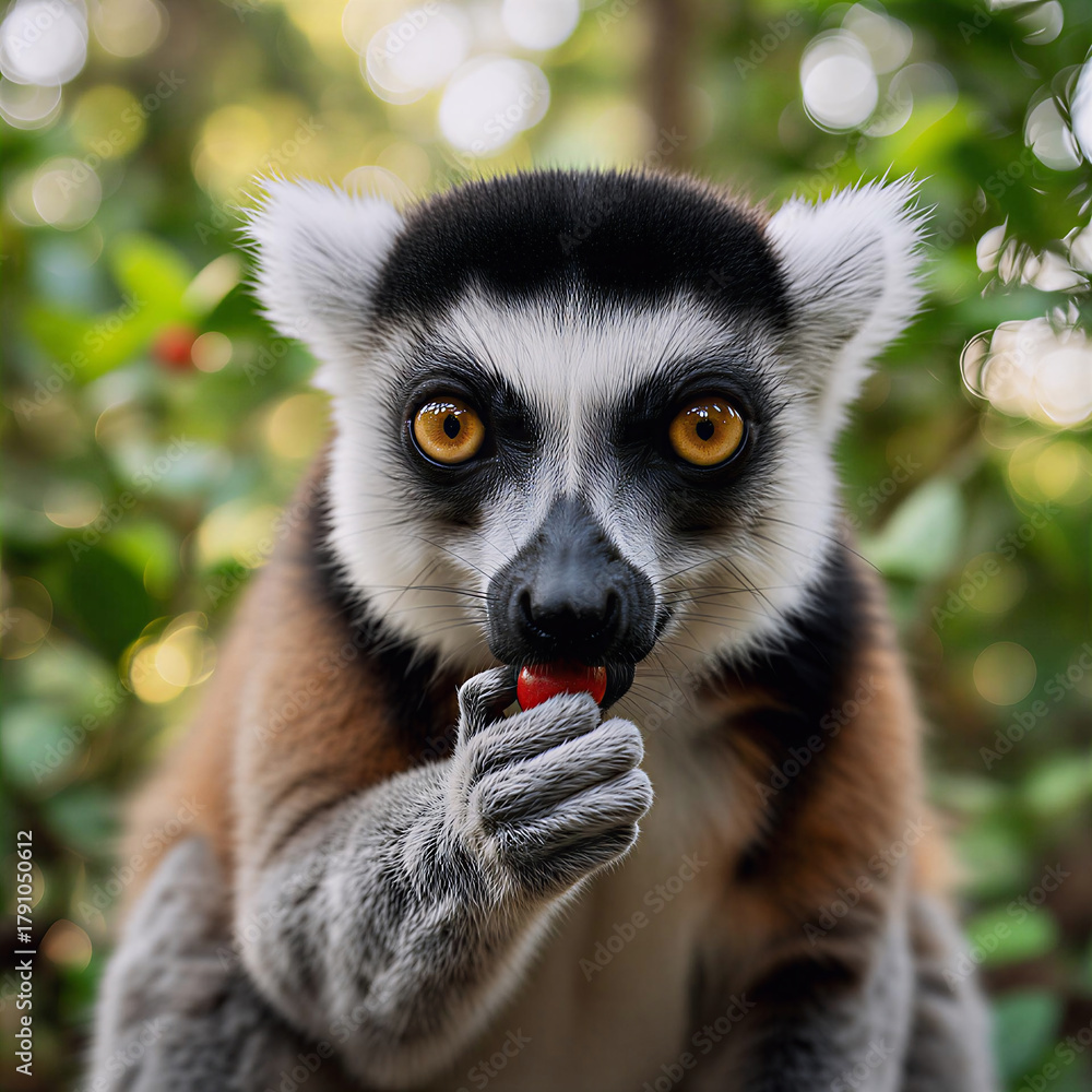 Obraz premium Ring tailed lemur with striking orange eyes eating a red berry in a lush green forest