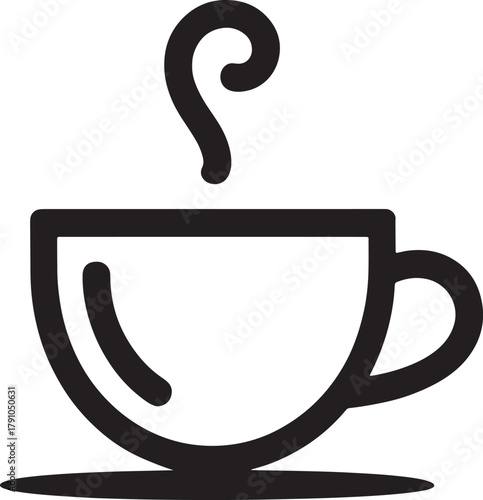 Black line art icon of a steaming coffee cup on a saucer hot drink black and white