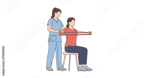 Dedicated physical therapist guides patient through resistance band exercise for shoulder exercise to improved strength and recovery, promoting wellness.
